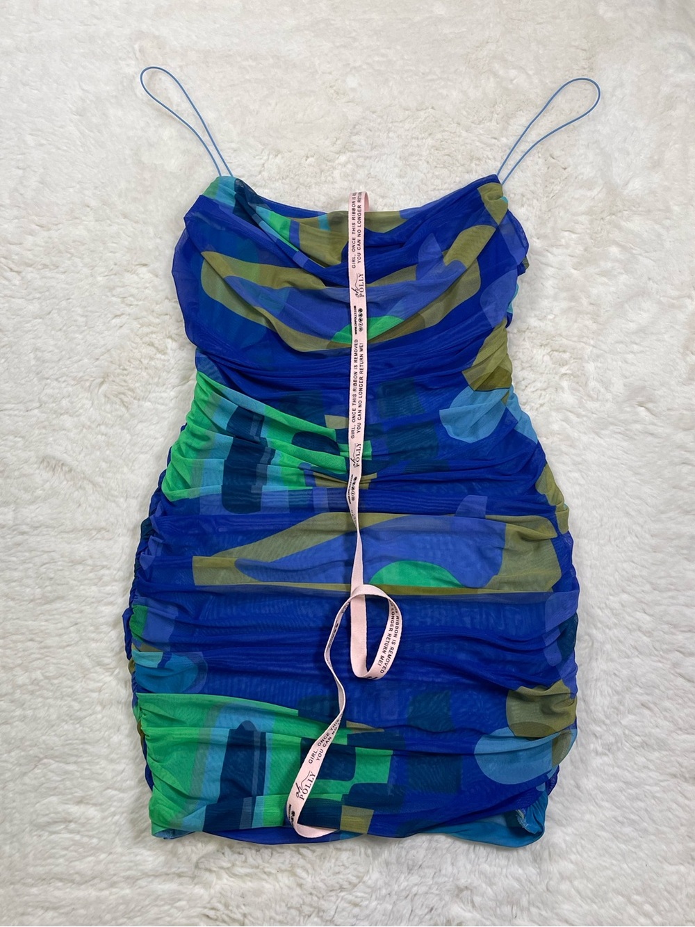 NWT Oh Polly Blue & Green Print Ruched Mesh Mini Dress, Size 8